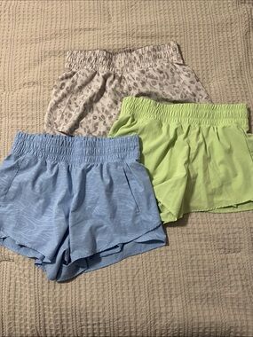 Avia Women’s Athletic Shorts Trio — Light Blue, Lime Green & Beige Leopard